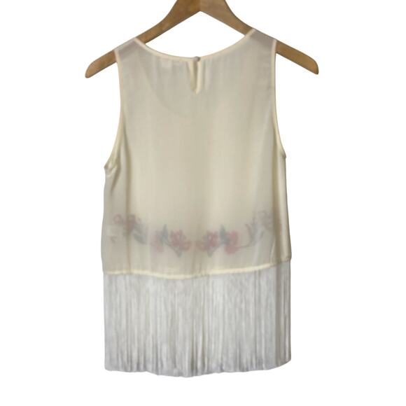 Double Zero Ivory Embroidered Fringe Hem Semi-Sheer Sleeveless Top Size Small - Picture 2 of 8